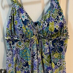 A Shore Fit Floral Swimsuit in Blue and Green Flowy Skirt Adj Straps Size 16